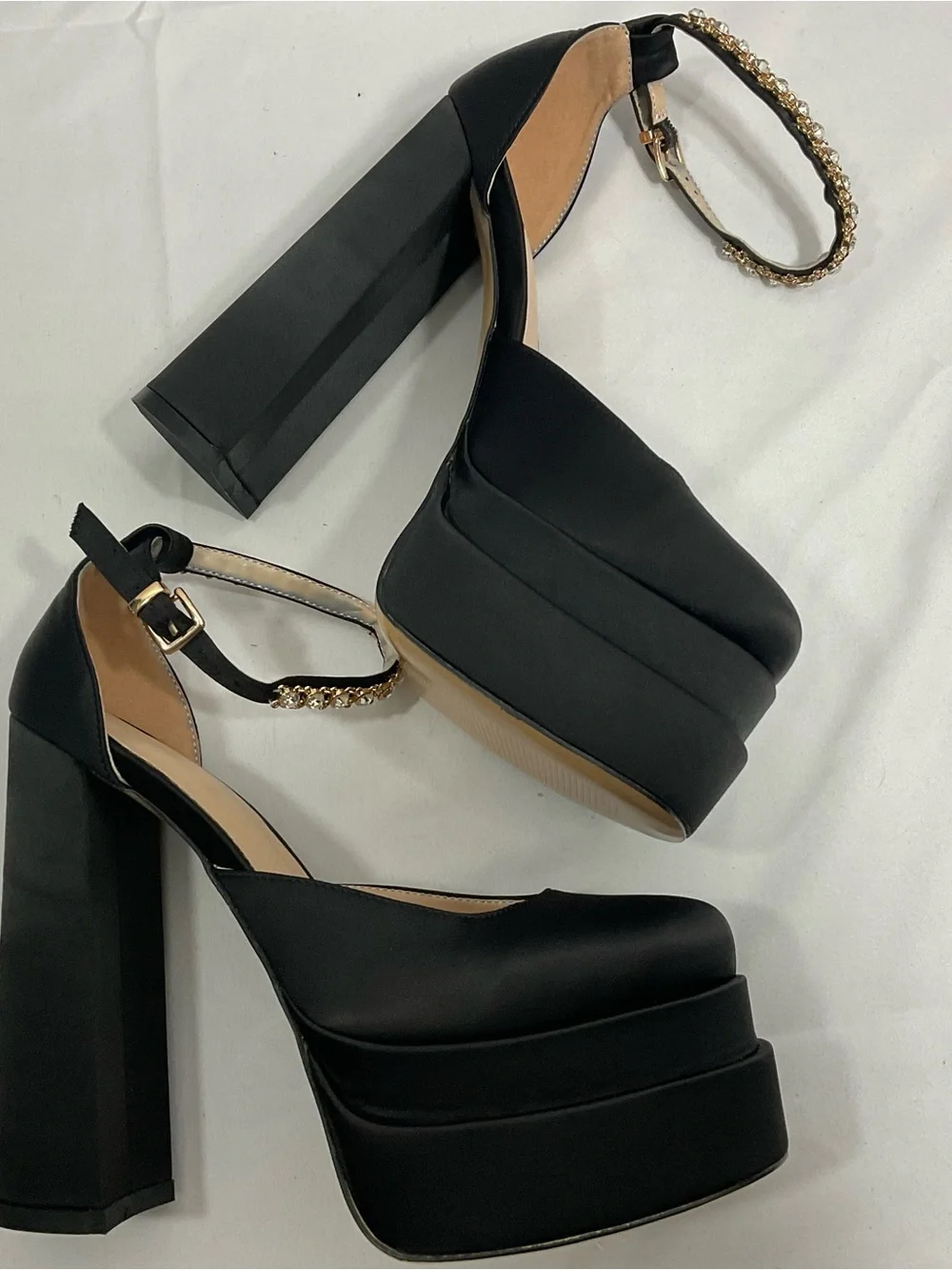 Black Platform Block Heel Sandals with Chain Ankle Strap
